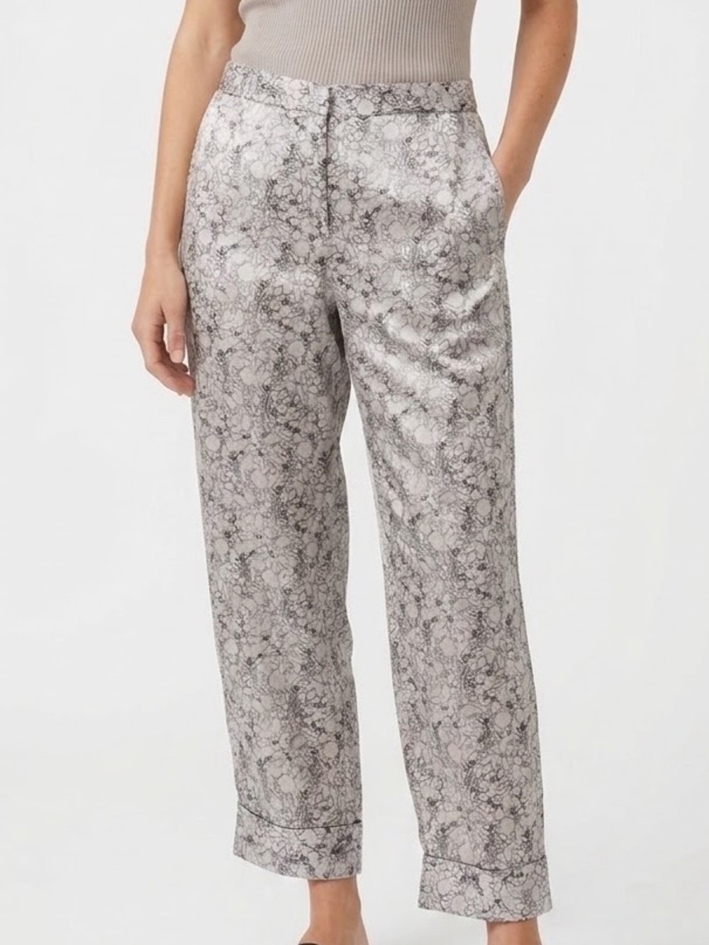 RAG & BONE Satin Silk Jogger Pants Trouser Cream Black Floral Size 10 *ALTERED